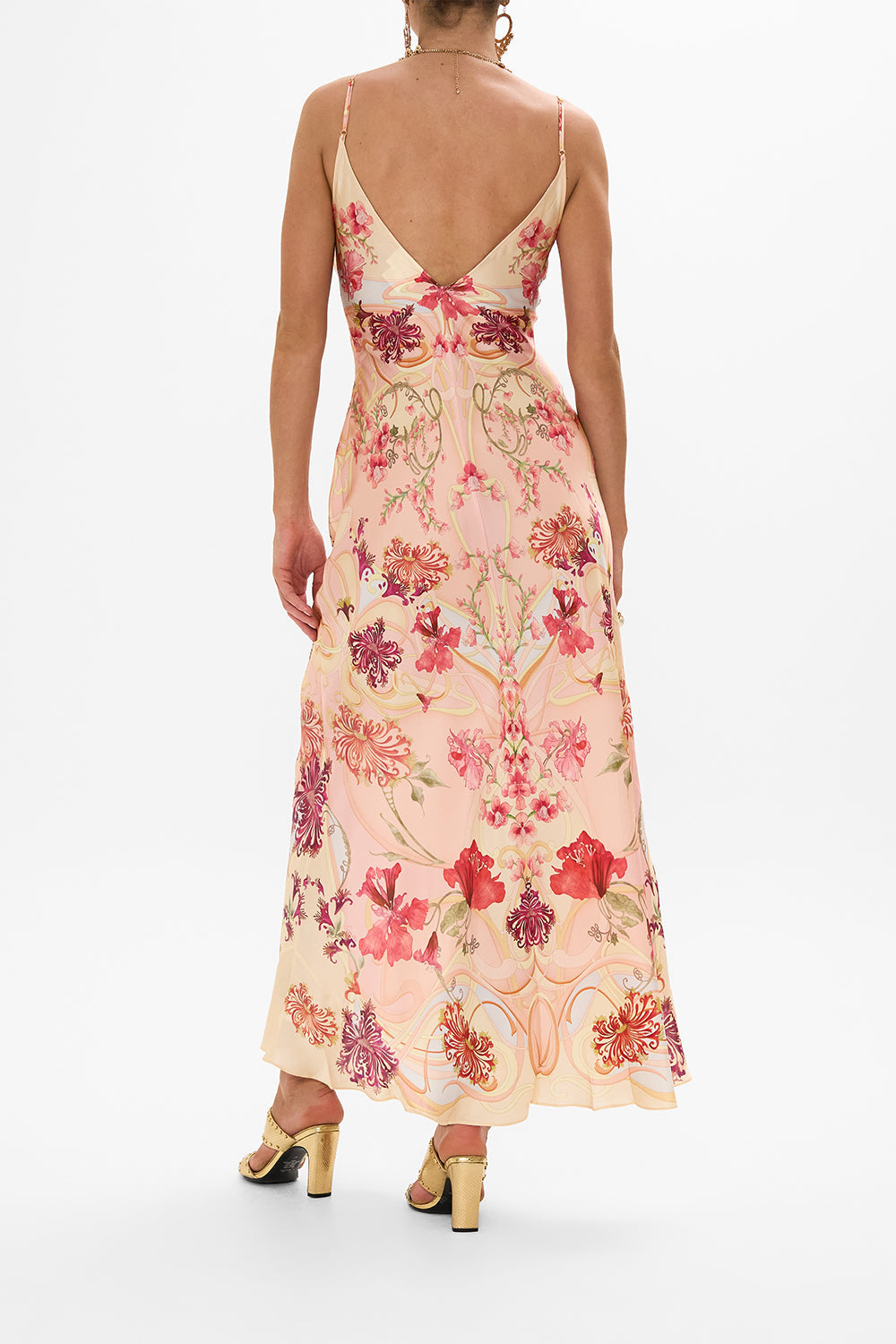 CAMILLA Floral V-Neck Full Length Bias Slip Dress in Blossoms and Brushstrokes