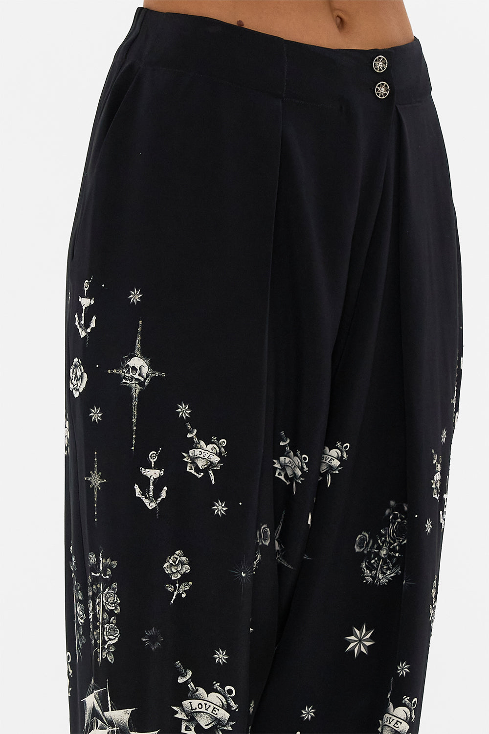 CROSSOVER WAIST PANT WITH TAPERED LEG TALES OF TATTOO