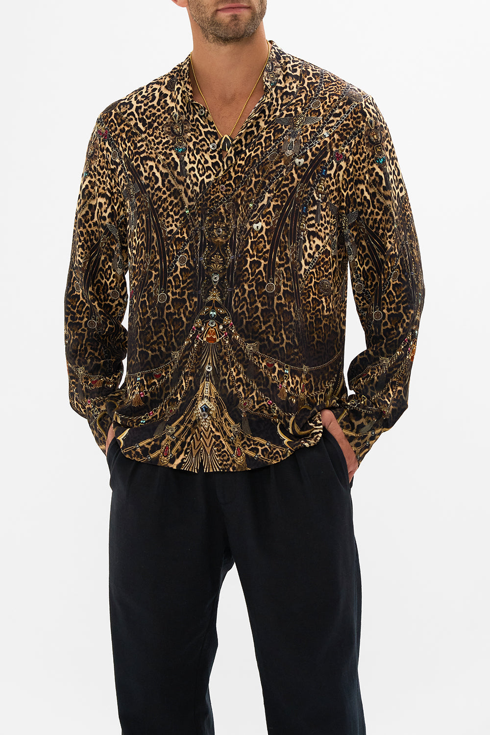 CAMILLA leopard long-sleeve mandarin collar shirt in Amsterglam print