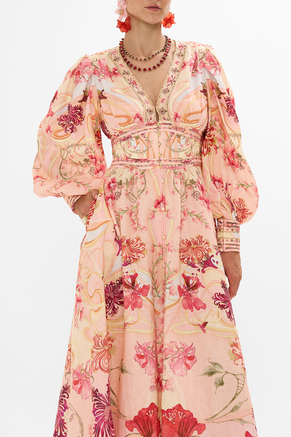 CAMILLA Floral Shaped Waistband Dress with Gathered Sleeves in Blossoms and Brushstrokes print