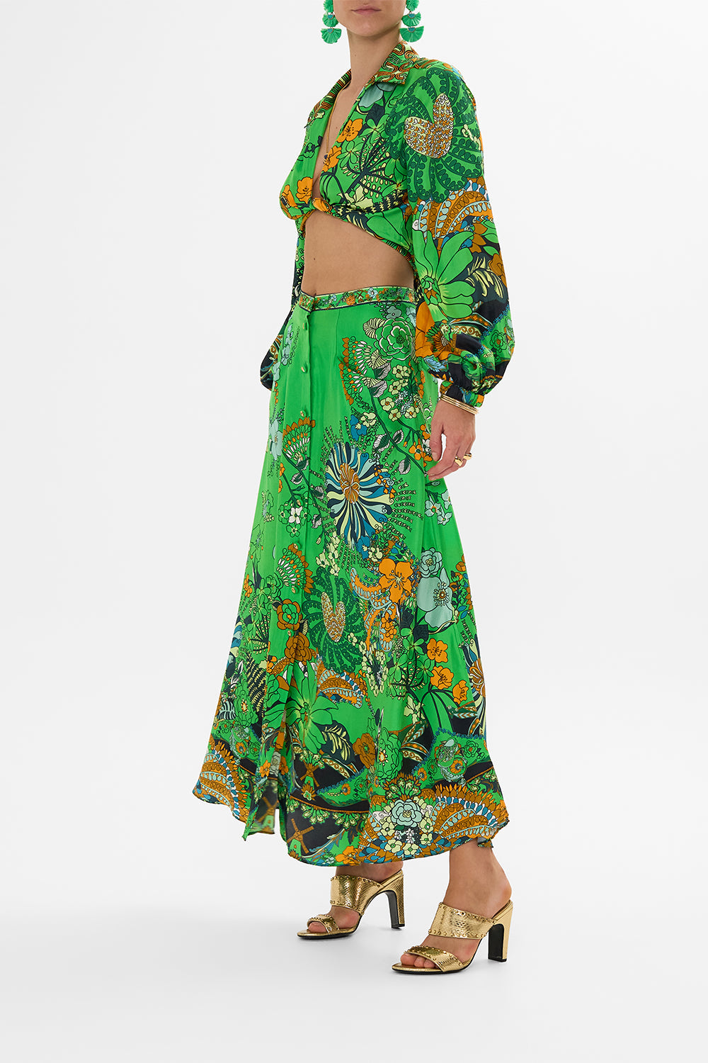 CAMILLA green button through skirt in Good Vibes Generation print.