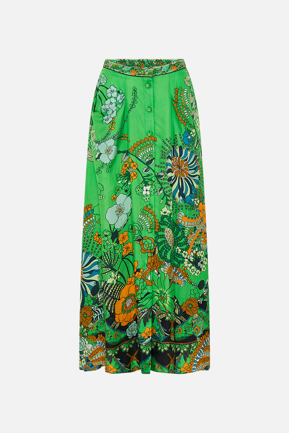 CAMILLA green button through skirt in Good Vibes Generation print.