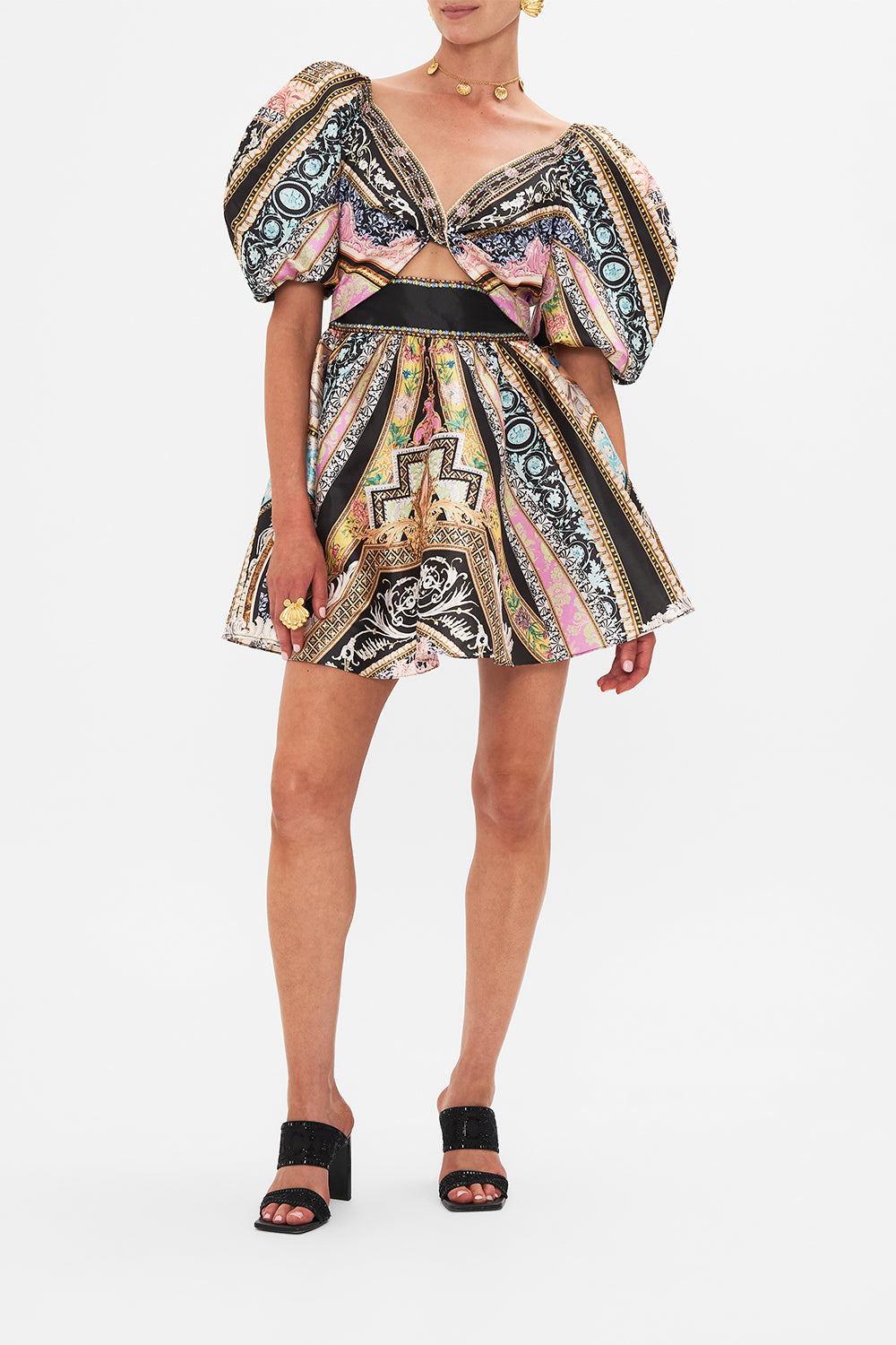 Front view of modlel wearing CAMILLA silk mini dress with puff sleeves in Florence Field Day print