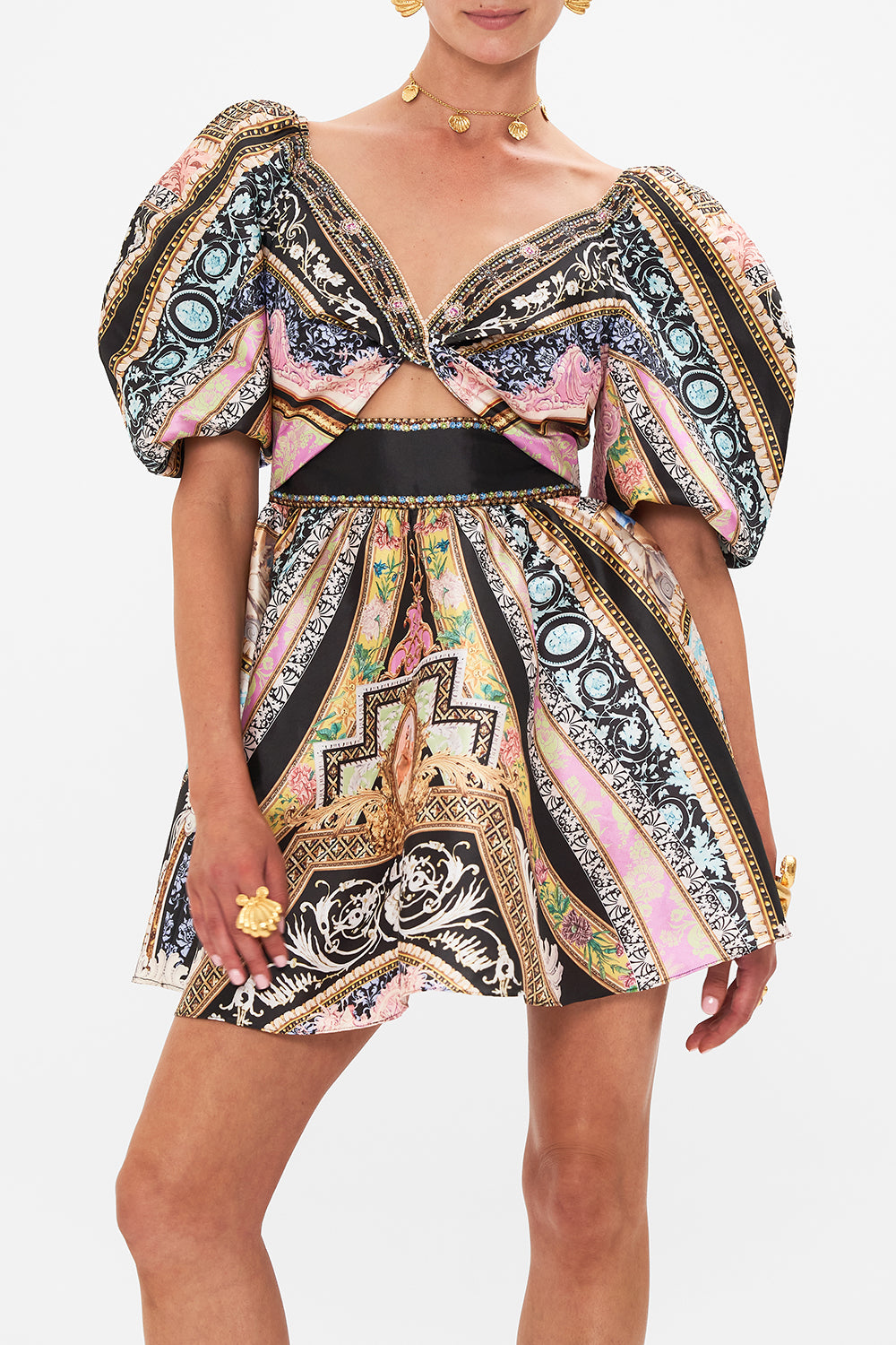 Crop view of model wearing CAMILLA silk mini dress with puff sleeves in Florence Field Day print