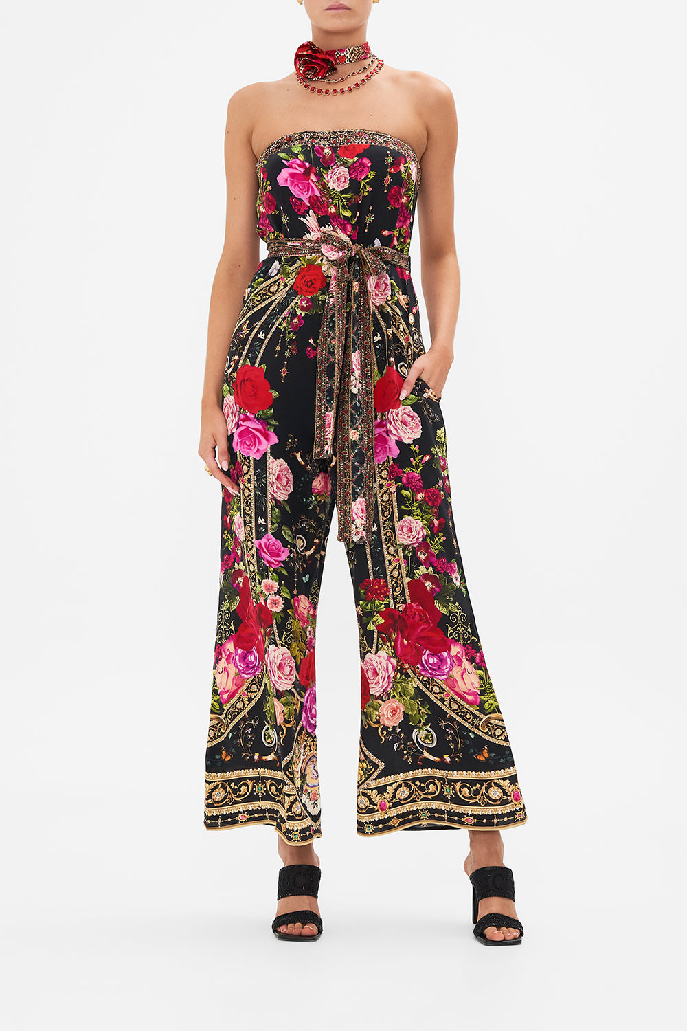 Front view of model wearing CAMILLA floral silk jumpsuit in Reservation For Love print