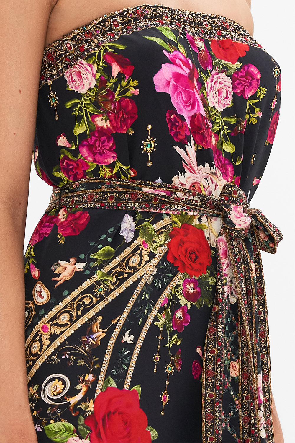 Side view of model wearing CAMILLA floral silk jumpsuit in Reservation For Love print