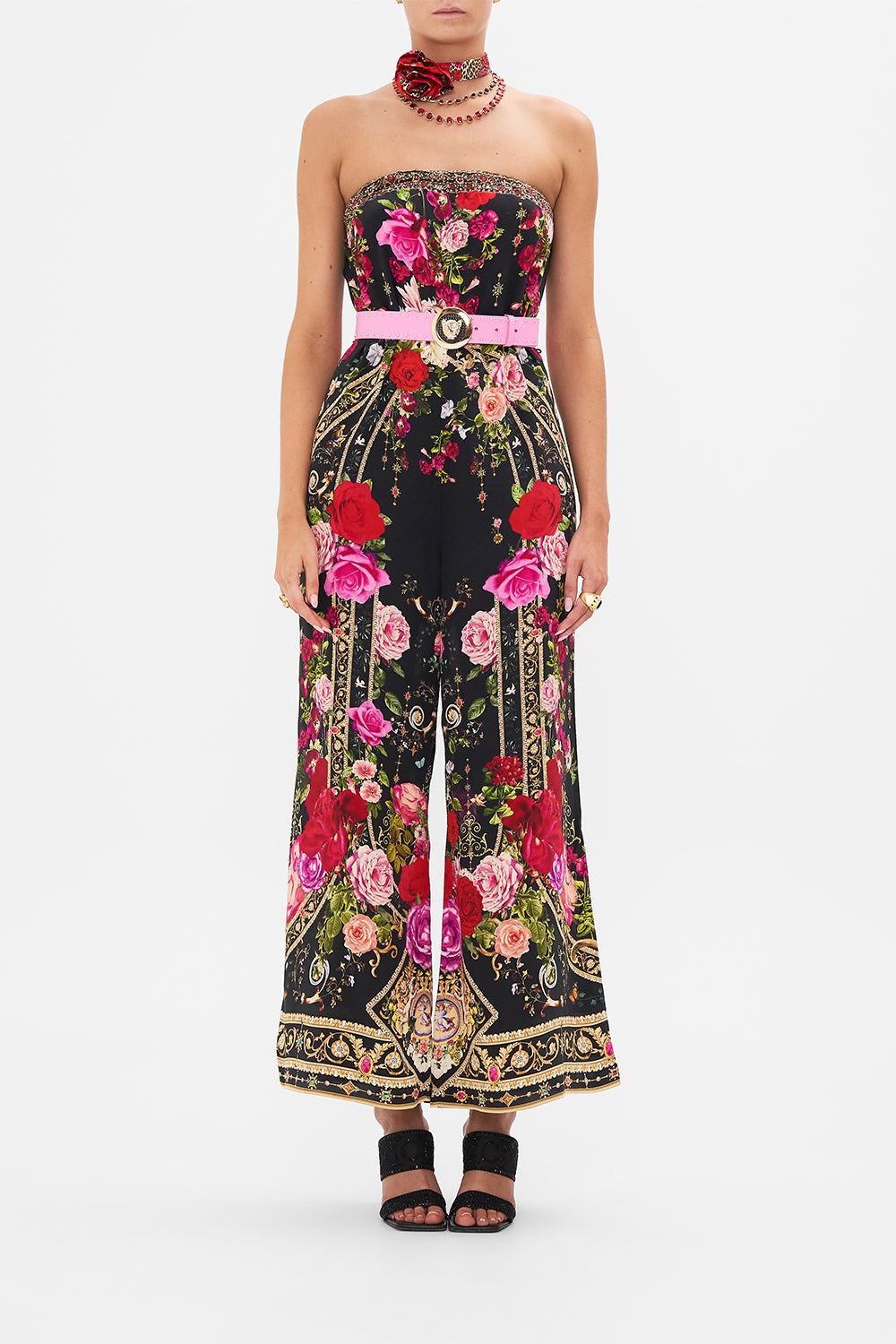 Detail view of model wearing CAMILLA floral silk jumpsuit in Reservation For Love print