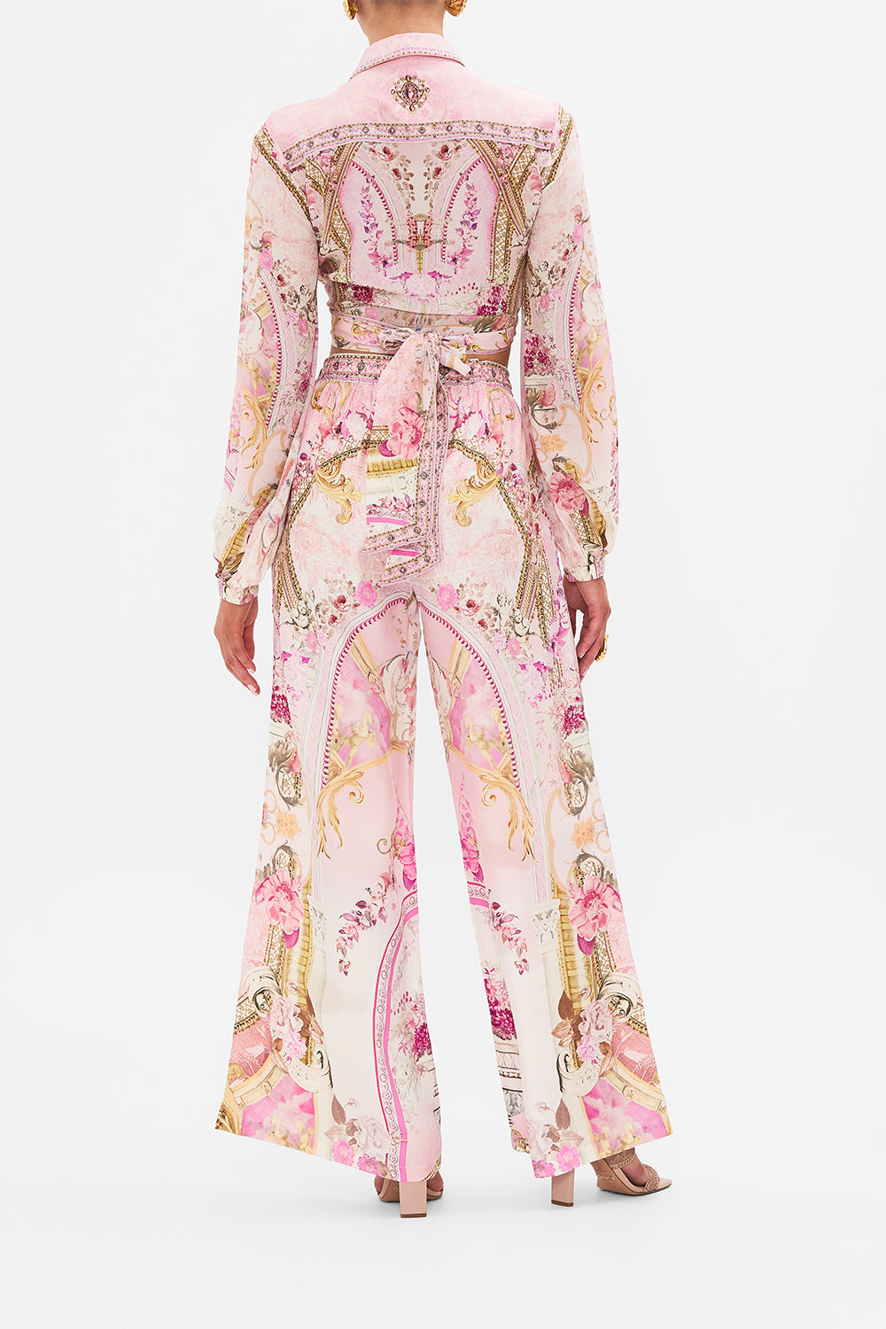 Back view of model wearing CAMILLA silk lounge pant in Feeling Fresco print