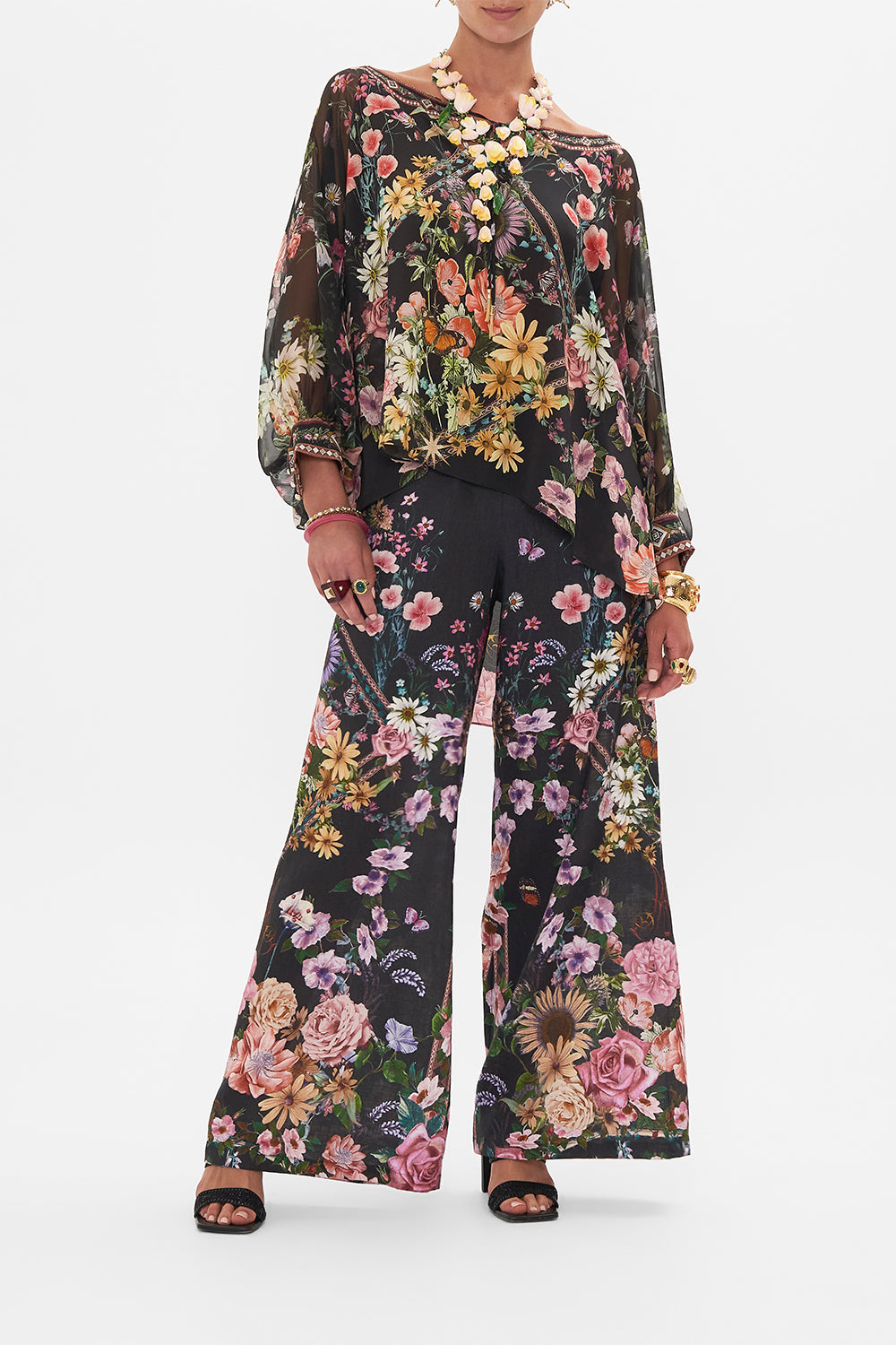 Front view of model wearing CAMILLA silk blouse in Letters From A Vineyard print