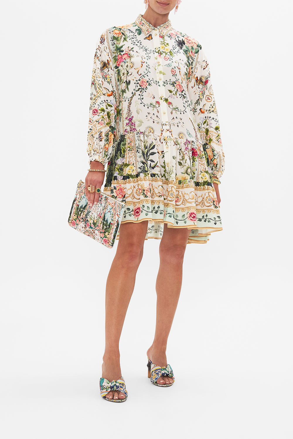 Front view of model wearing CAMILLA silk shirt dress in Renaissance Romance print