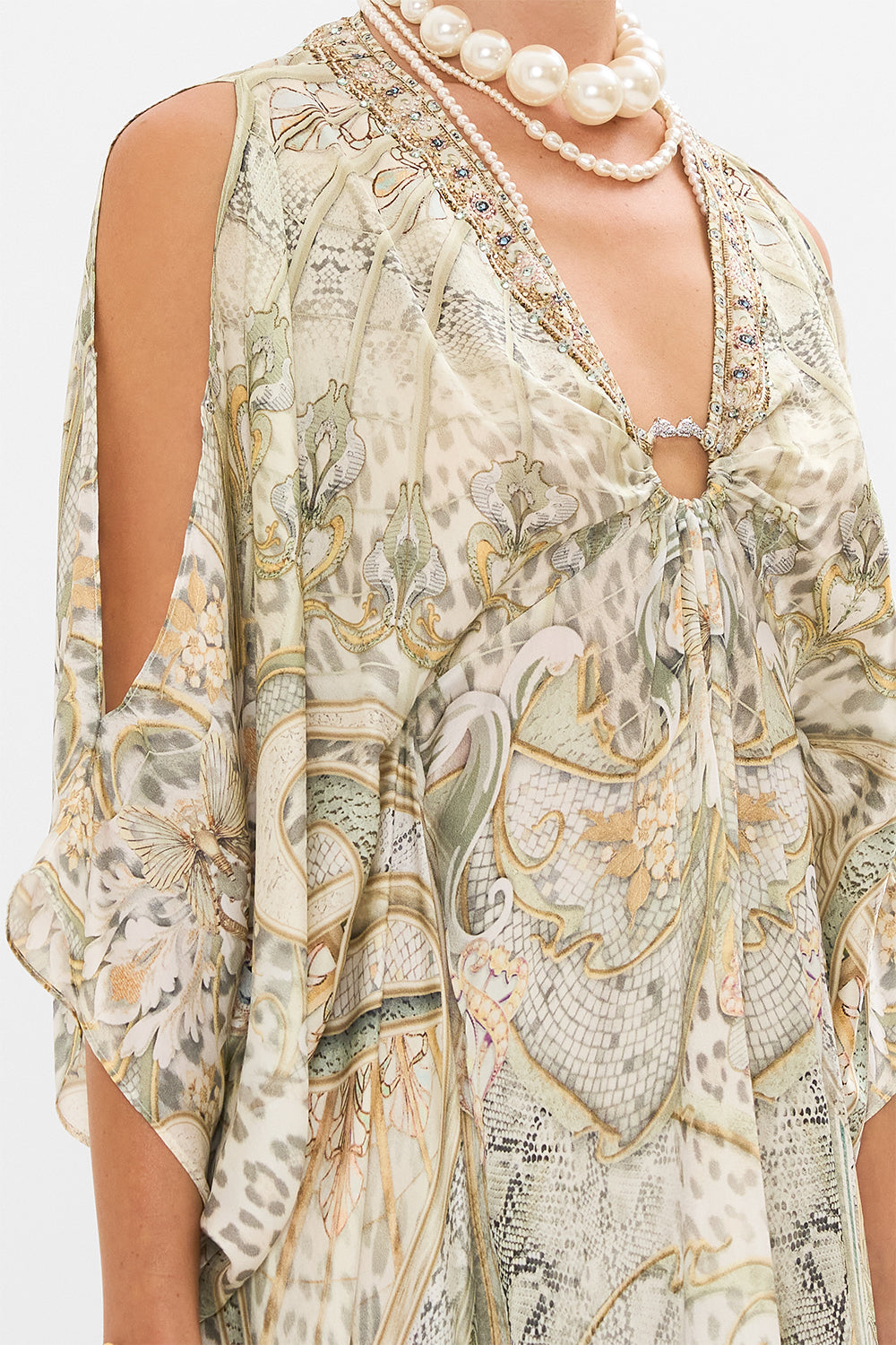 CAMILLA silk kaftan in Ivory Tower Tales print