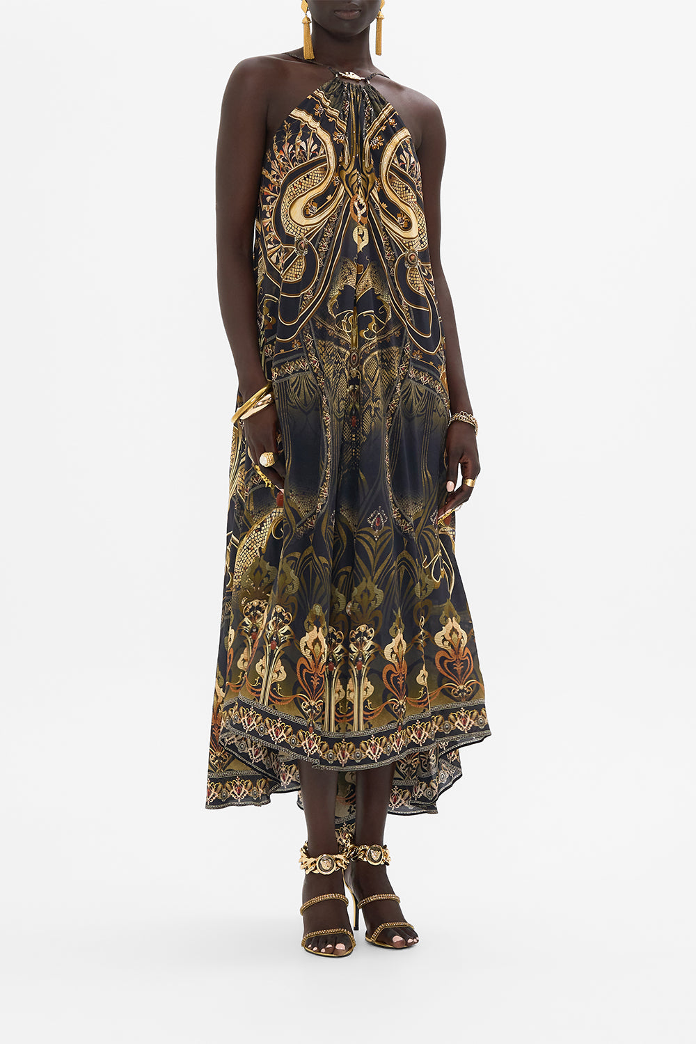 CAMILLA silk maxi dress in Nouveau Noir print