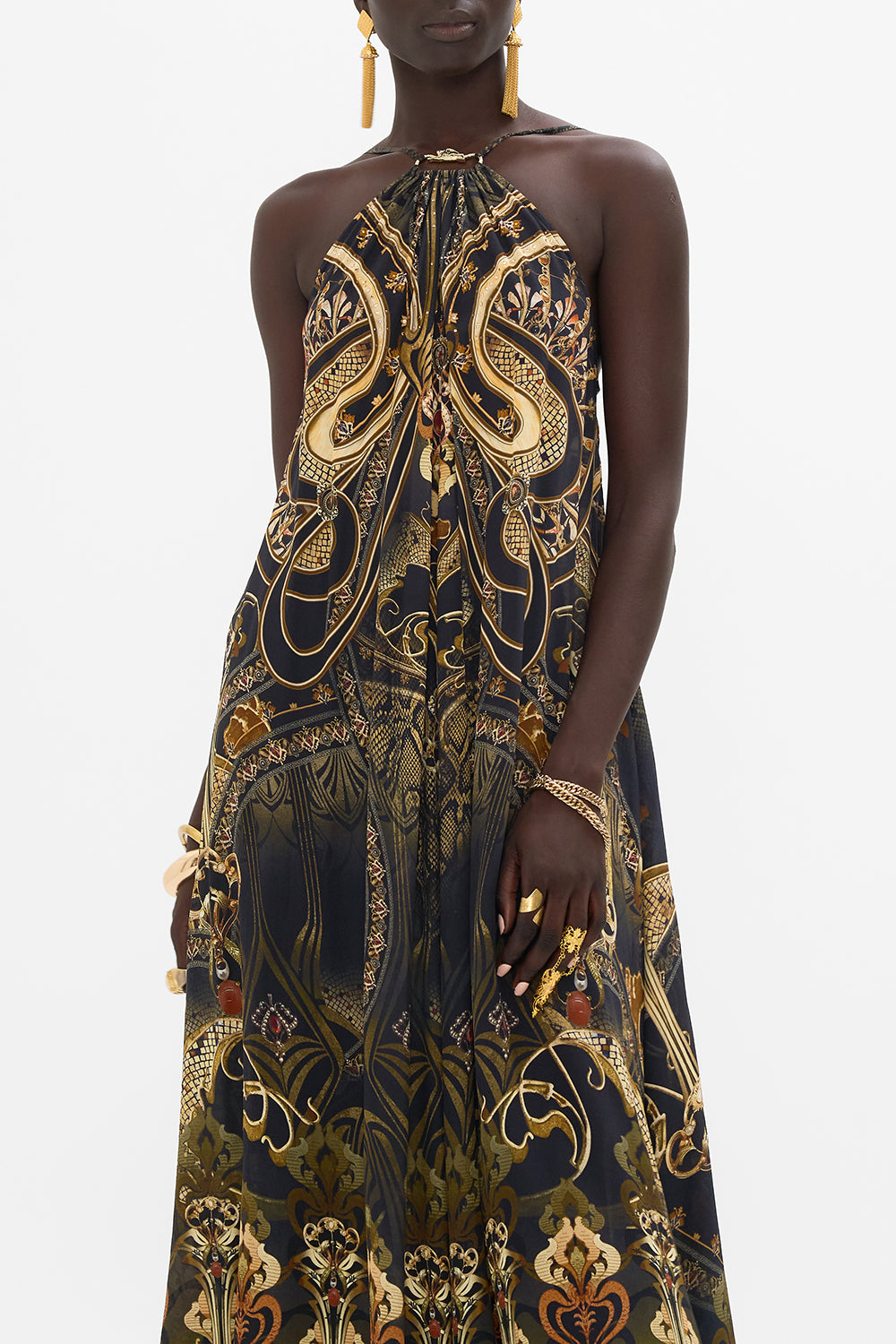 CAMILLA silk maxi dress in Nouveau Noir print