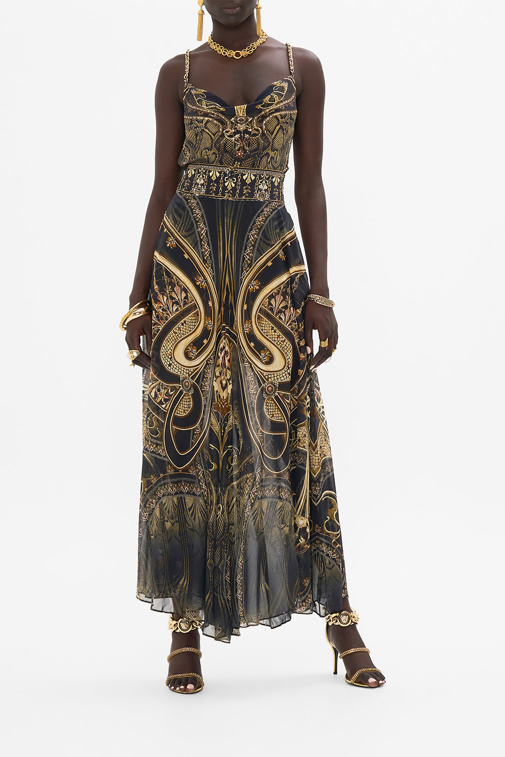 CAMILLA bias silk cami in Nouveau Noir print