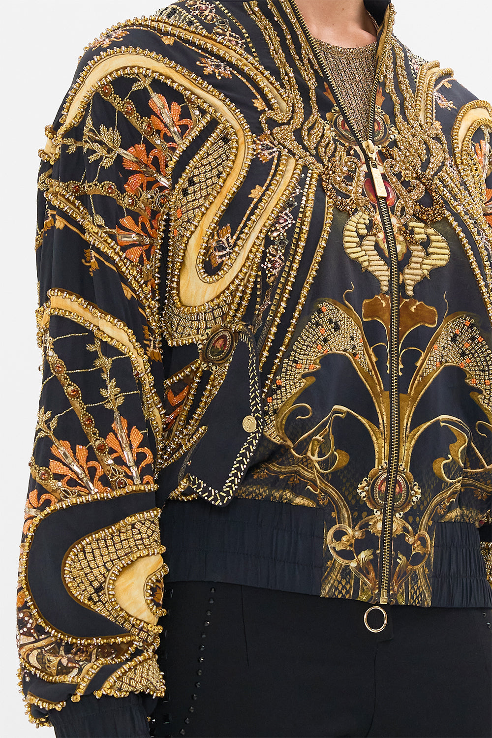 CAMILLA designer bomber jacket in Nouveau Noir print