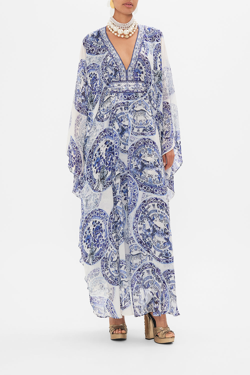 Front view of model wearing CAMILLA silk kaftan in Glaze and Graze print
