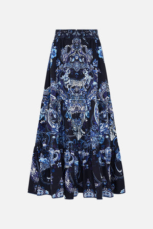 Back view of CAMILLA maxi skirt in Delft Dynasty print