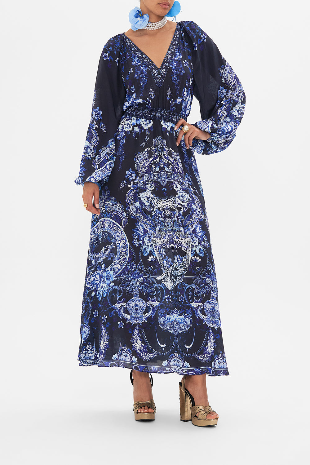Front view of model wearing CAMILLA silk dress in Delft Dynasty print