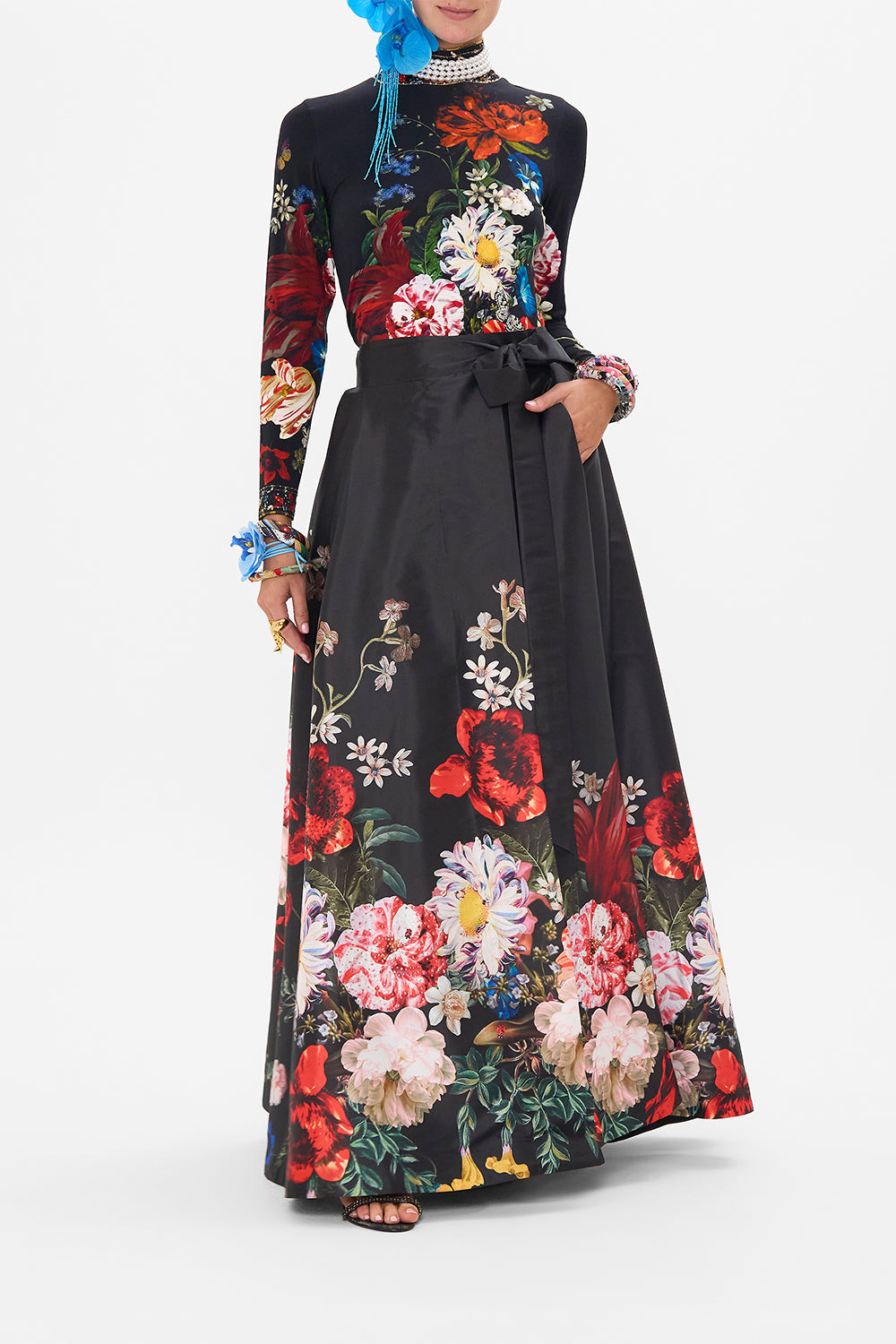 CAMILLA black floral print maxi wrap skirt in A Still Life print
