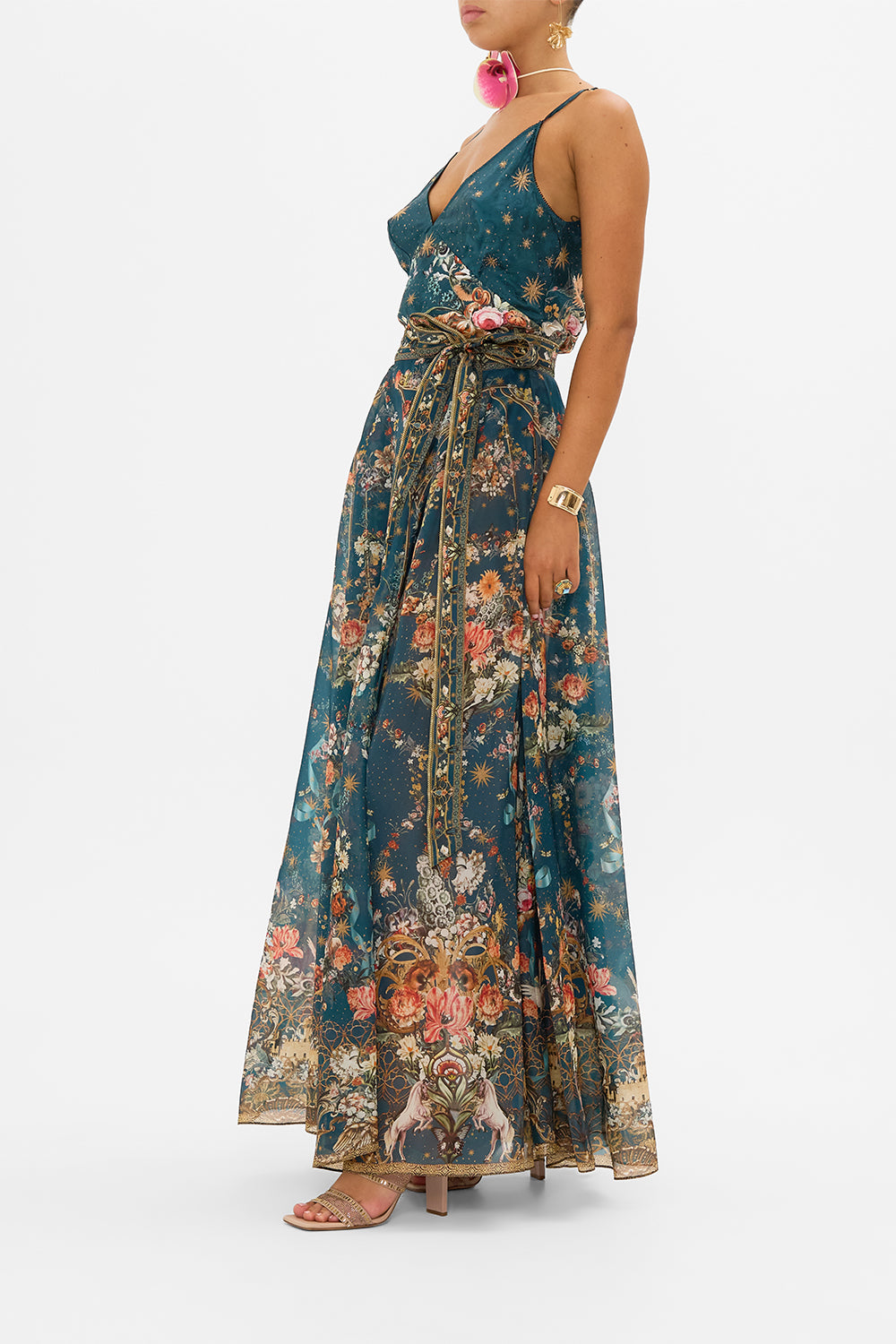 CAMILLA organza maxi dress in She Who Wears A Crown print