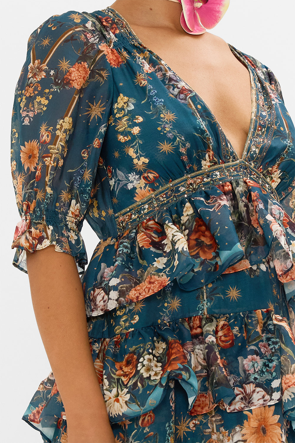 CAMILLA puff sleeve maxi dress in She Who Wears The Crown print