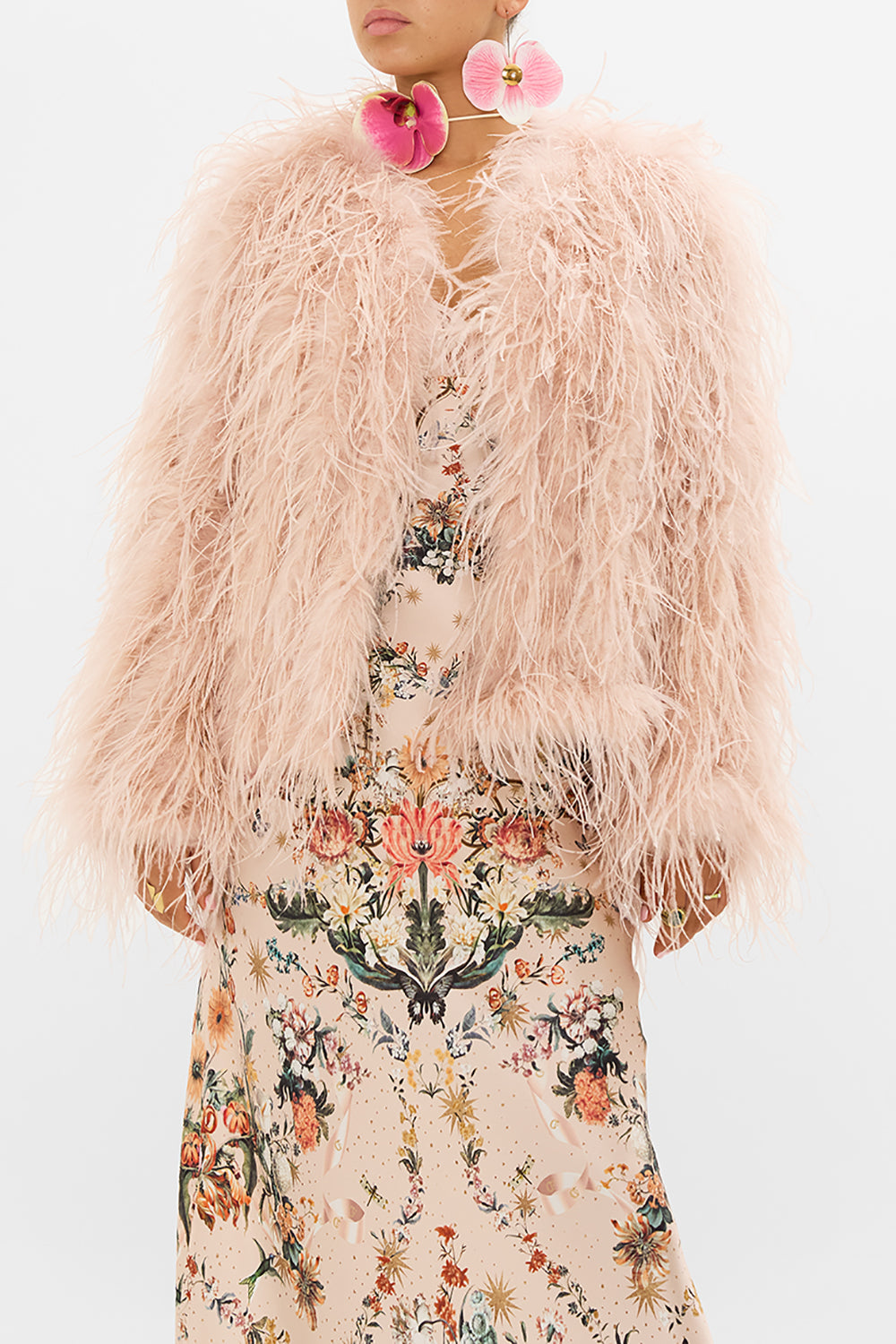 CAMILLA feather jacket in Rose Garden Revolution print