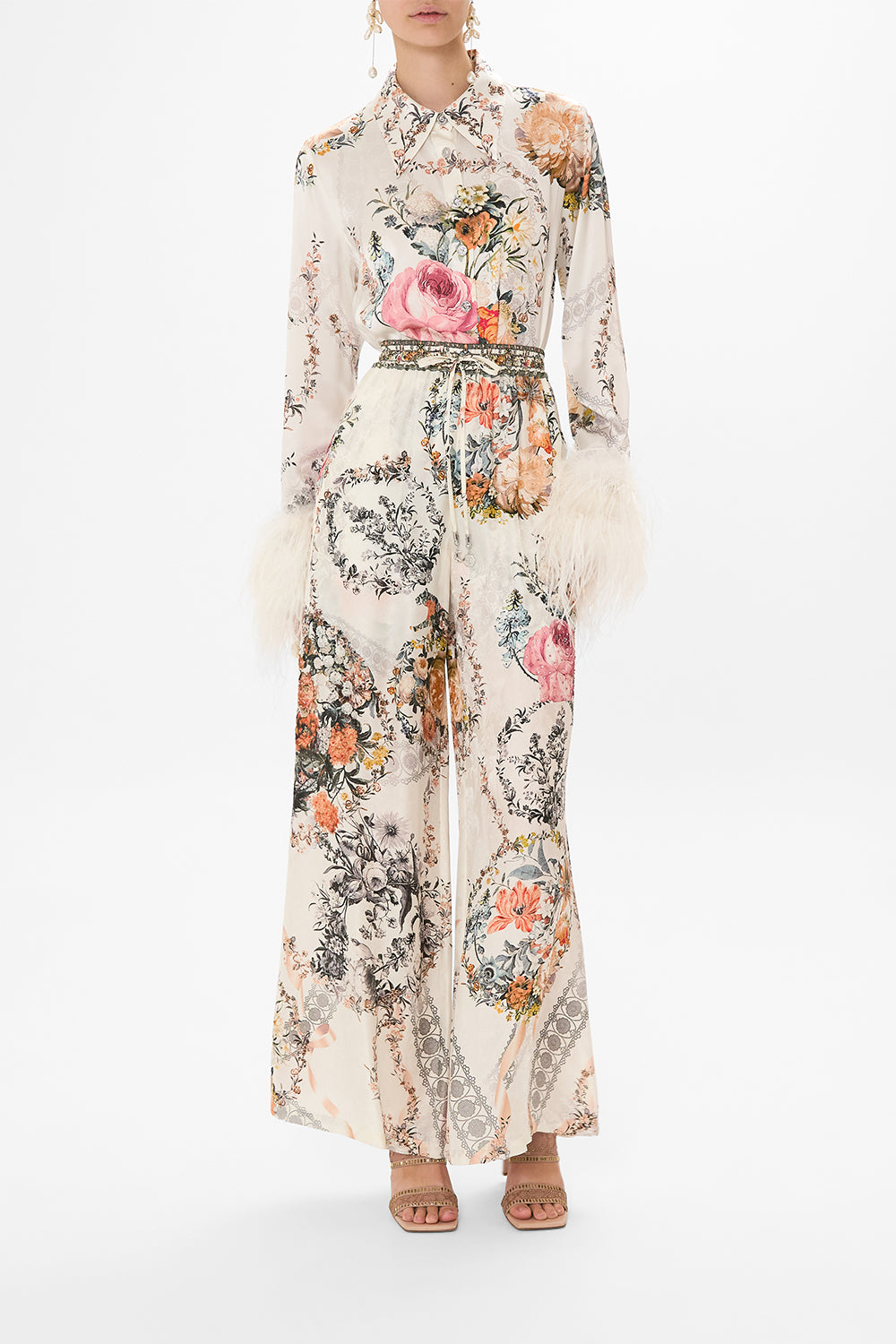 CAMILLA white mini dress with feathers in De Haar Memoirs print