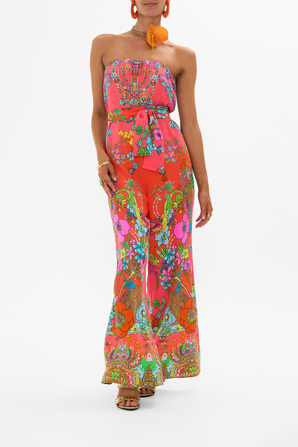 CAMILLA Pink Tie Waist Strapless Jumpsuit in Windmills and Wildflowers print