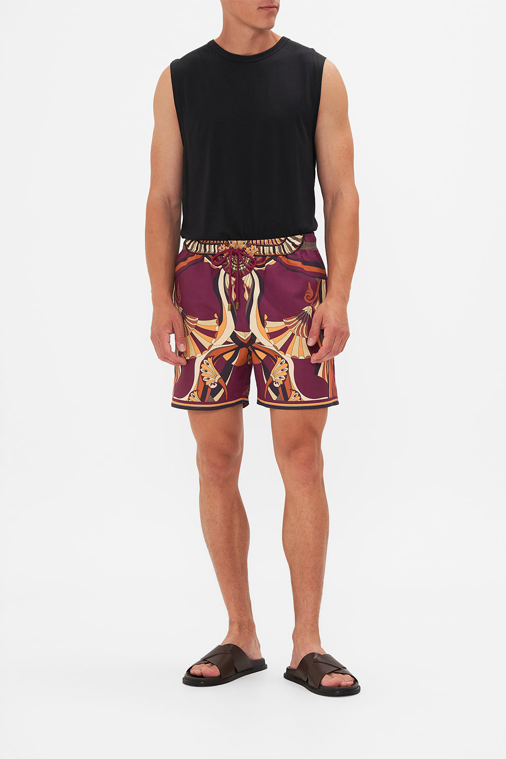 Hotel Franks By CAMILLA Black mid length boardshort in Desert Delerium print.