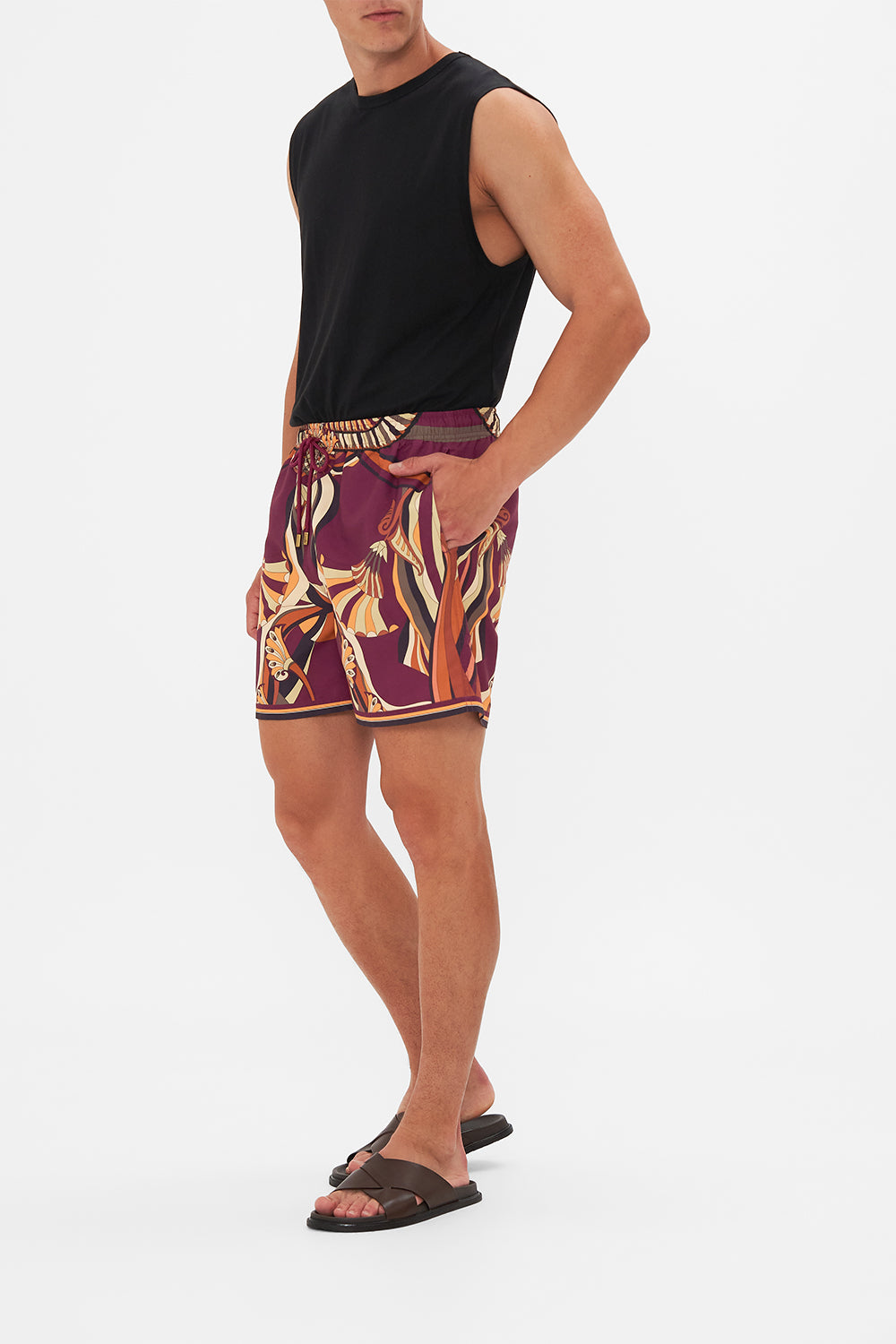Hotel Franks By CAMILLA Black mid length boardshort in Desert Delerium print.