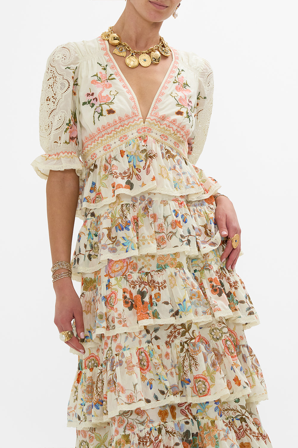 CAMILLA Puff Sleeve Tiered Skirt Long Dress in Honour of Heirlooms print