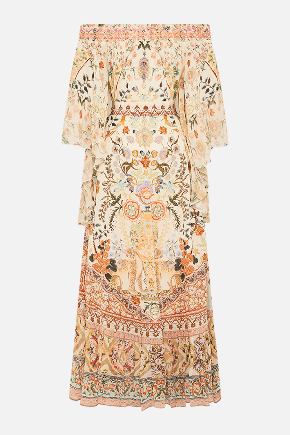 CAMILLA High Low Hem Off Shoulder Dress in Honour of Heirlooms print