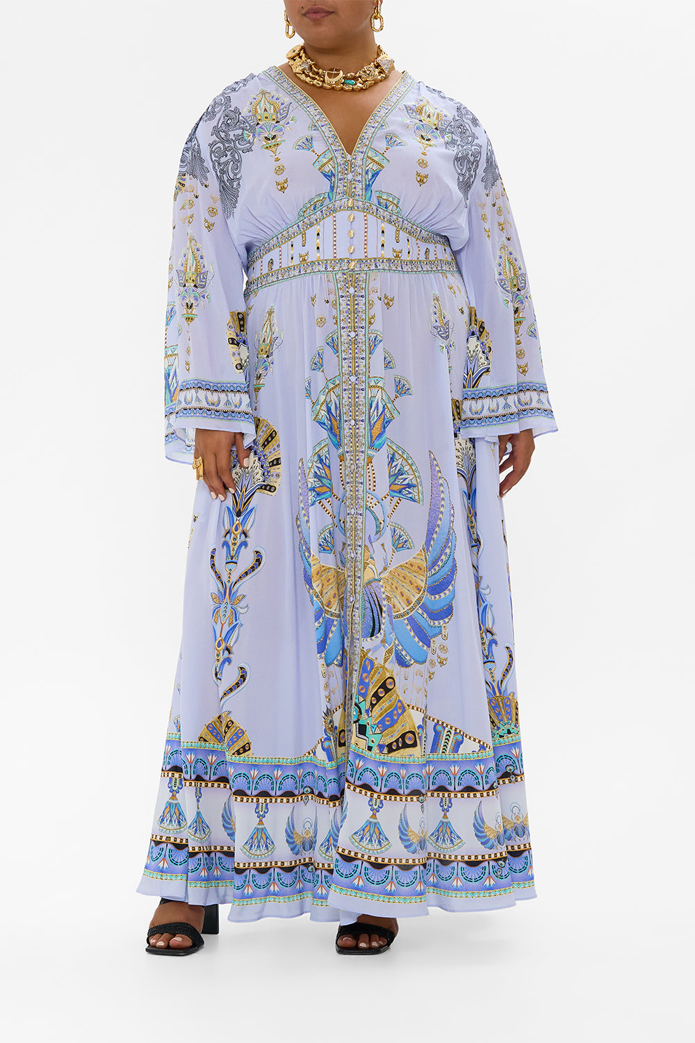 KIMONO SLEEVE DRESS WITH SHIRRING DETAIL UNDER SCARAB SKIES