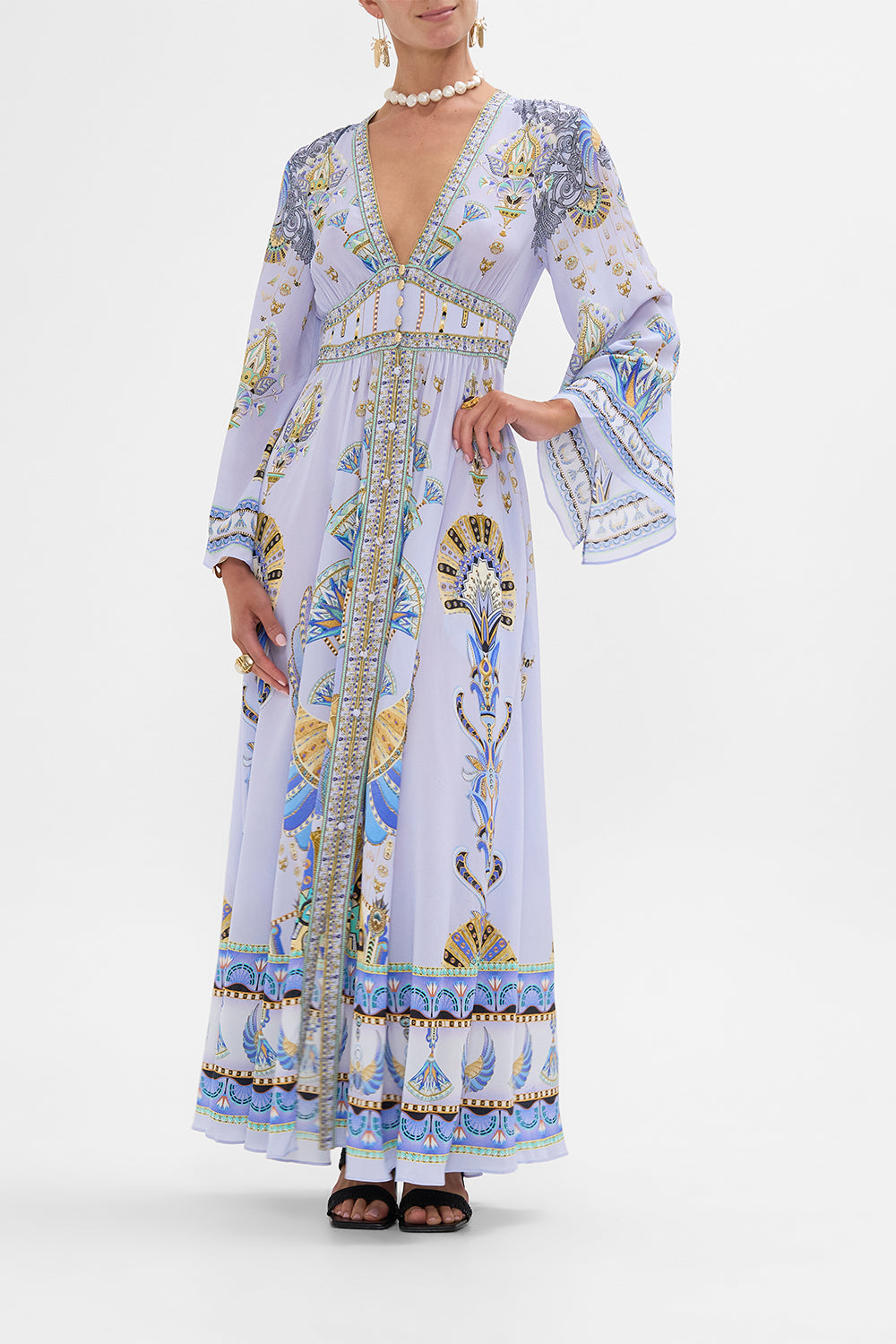 CAMILLA Kimono Sleeve Dress with Shirring Detail in Under Scarab Skies print