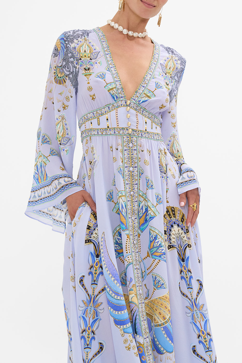 CAMILLA Kimono Sleeve Dress with Shirring Detail in Under Scarab Skies print