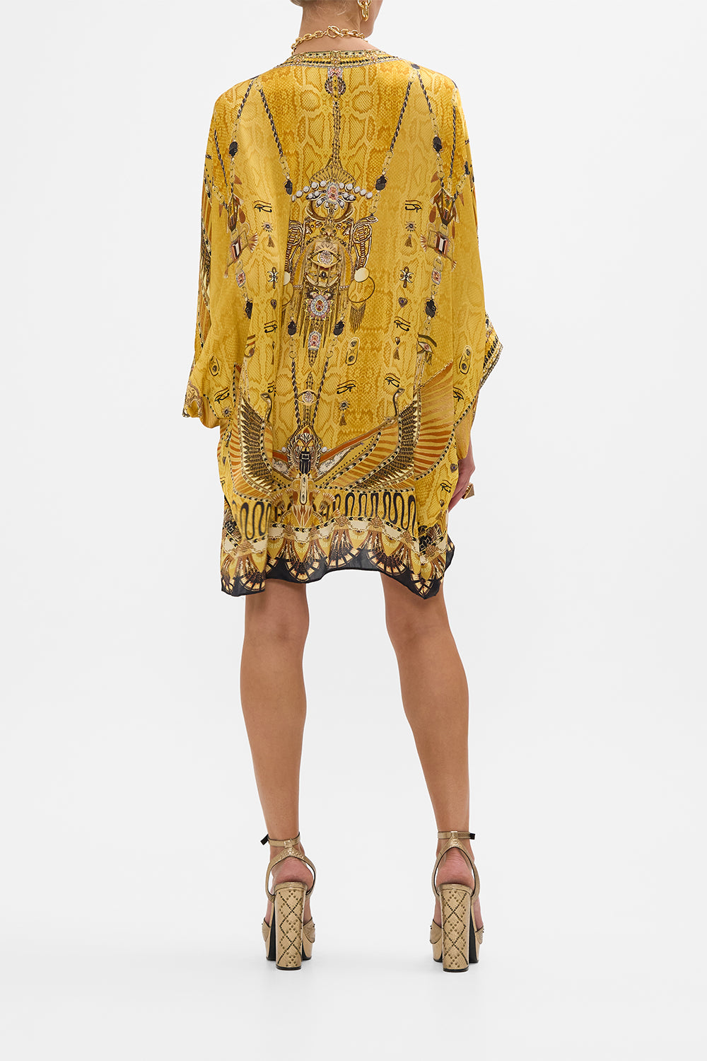 CAMILLA Gold Pierced V-Neck Short Kaftan in Valley of the Kings Print