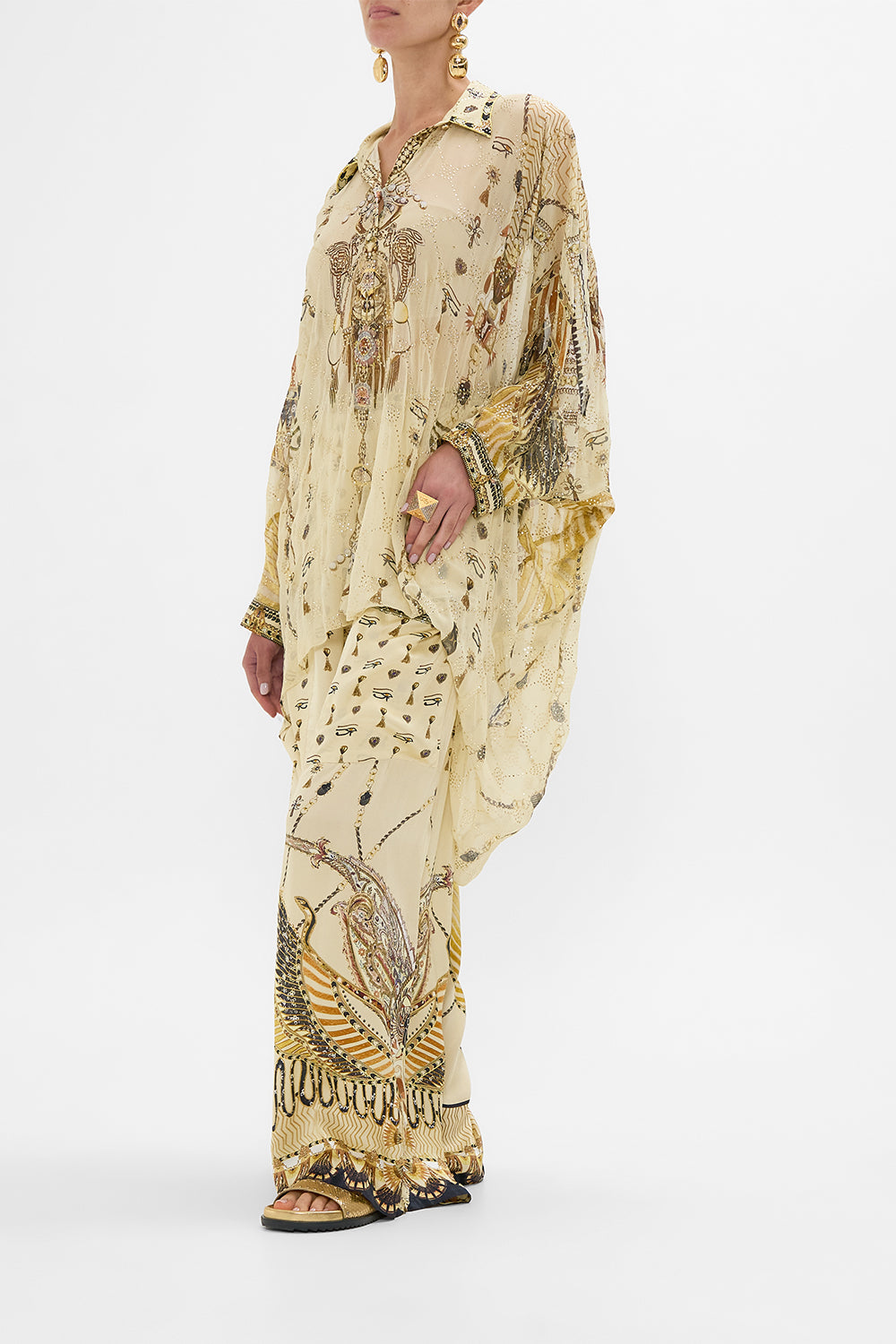 CAMILLA Gold Badla Embellished Button-Up Draped Back Top in Gateway to the Afterlife Print