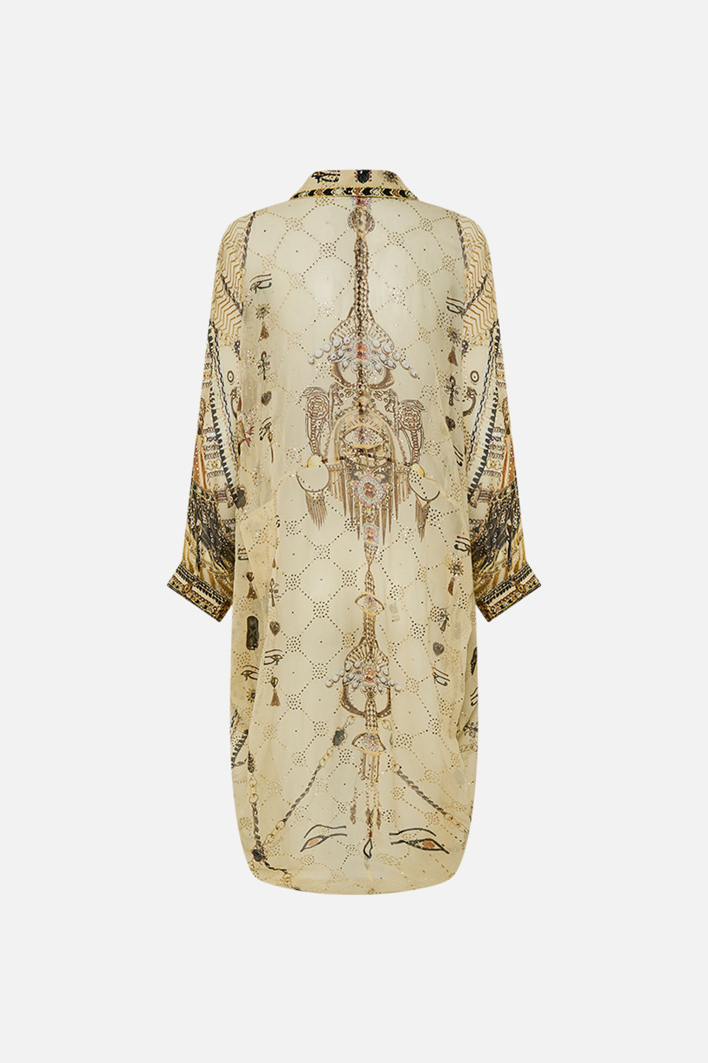 CAMILLA Gold Badla Embellished Button-Up Draped Back Top in Gateway to the Afterlife Print