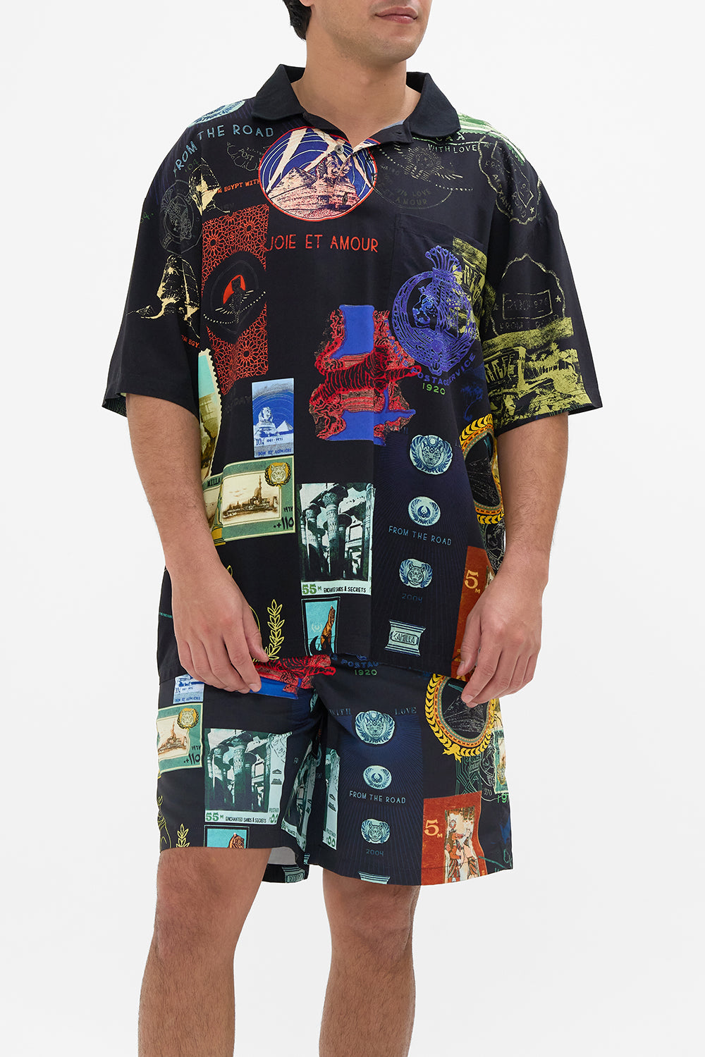 Hotel Franks By CAMILLA relaxed fit woven polo shirt in Haute Passport print.