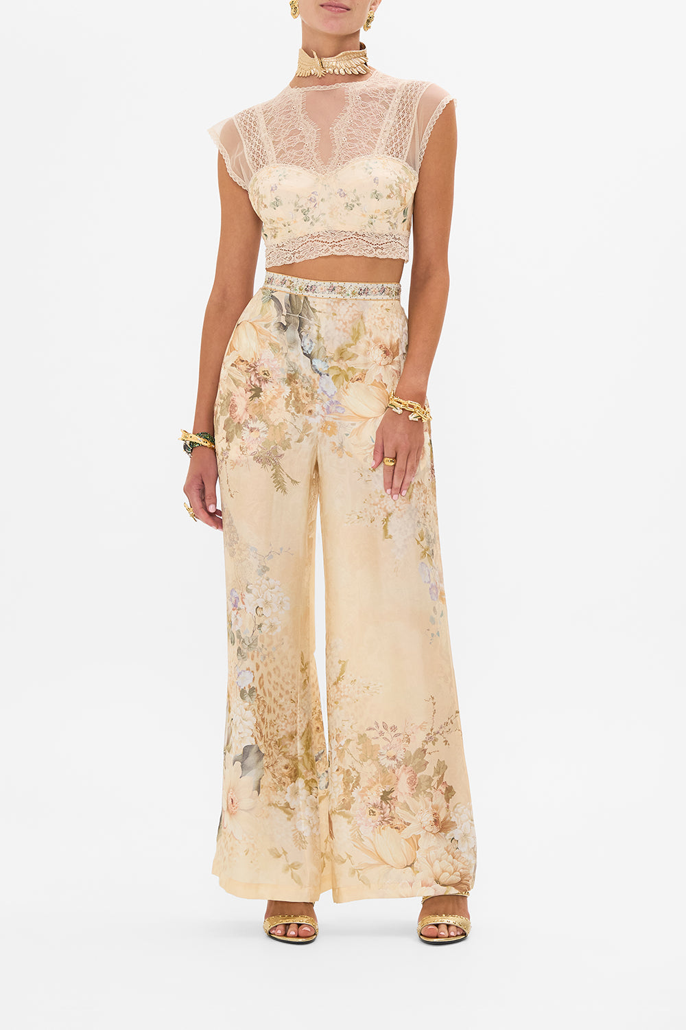 CAMILLA floral lace splice top in Adorned in Antiquity print.