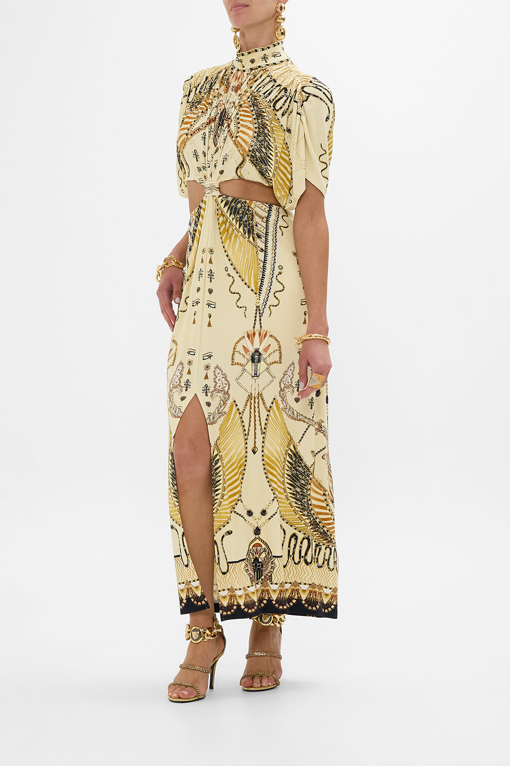 CAMILLA Gold High Neck Twist Cut-Out Jersey Dress in Gateway to the Afterlife Print