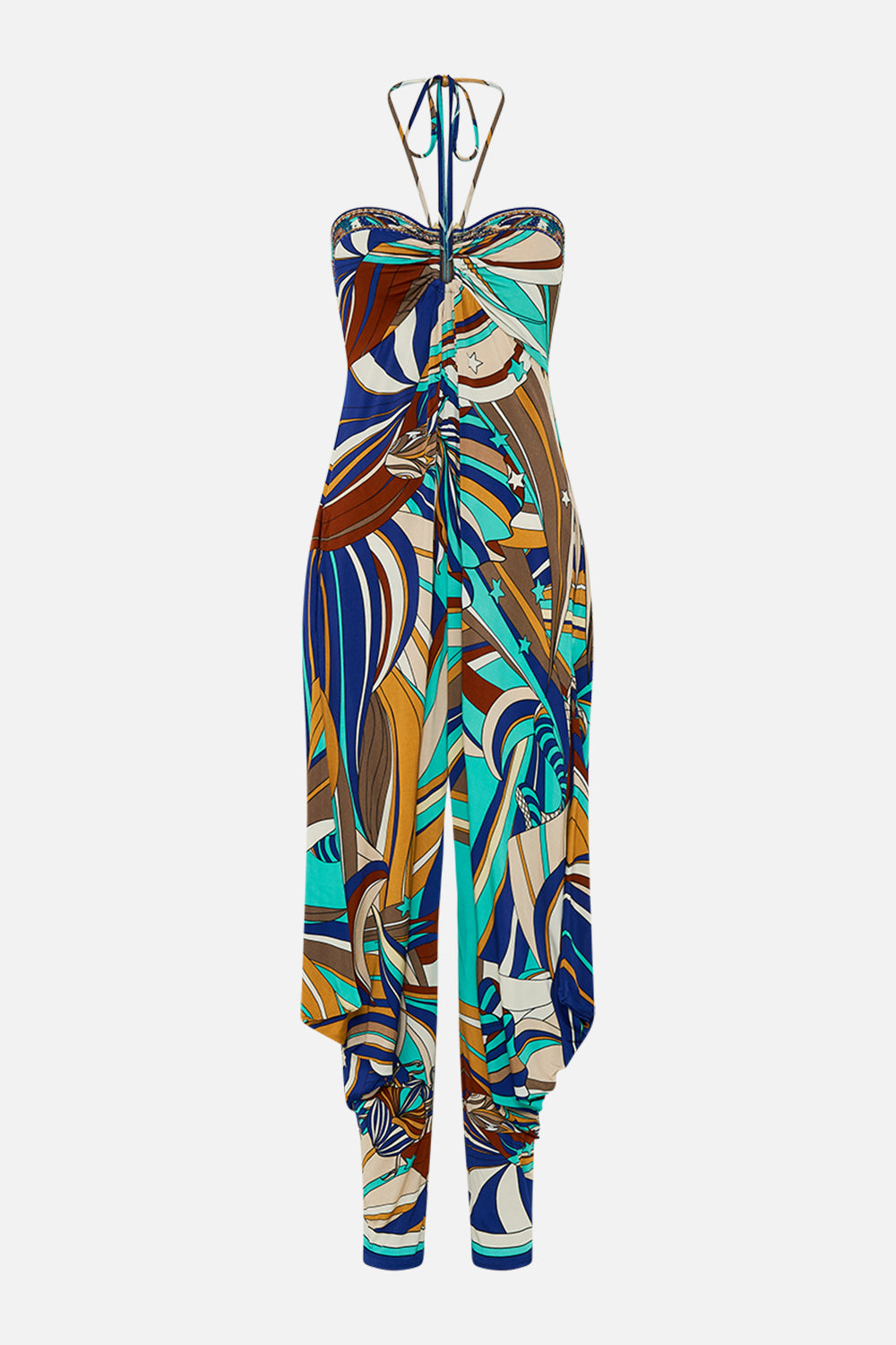 CAMILLA Jersey Draped Pant Jumpsuit in Oasis Oracle print.