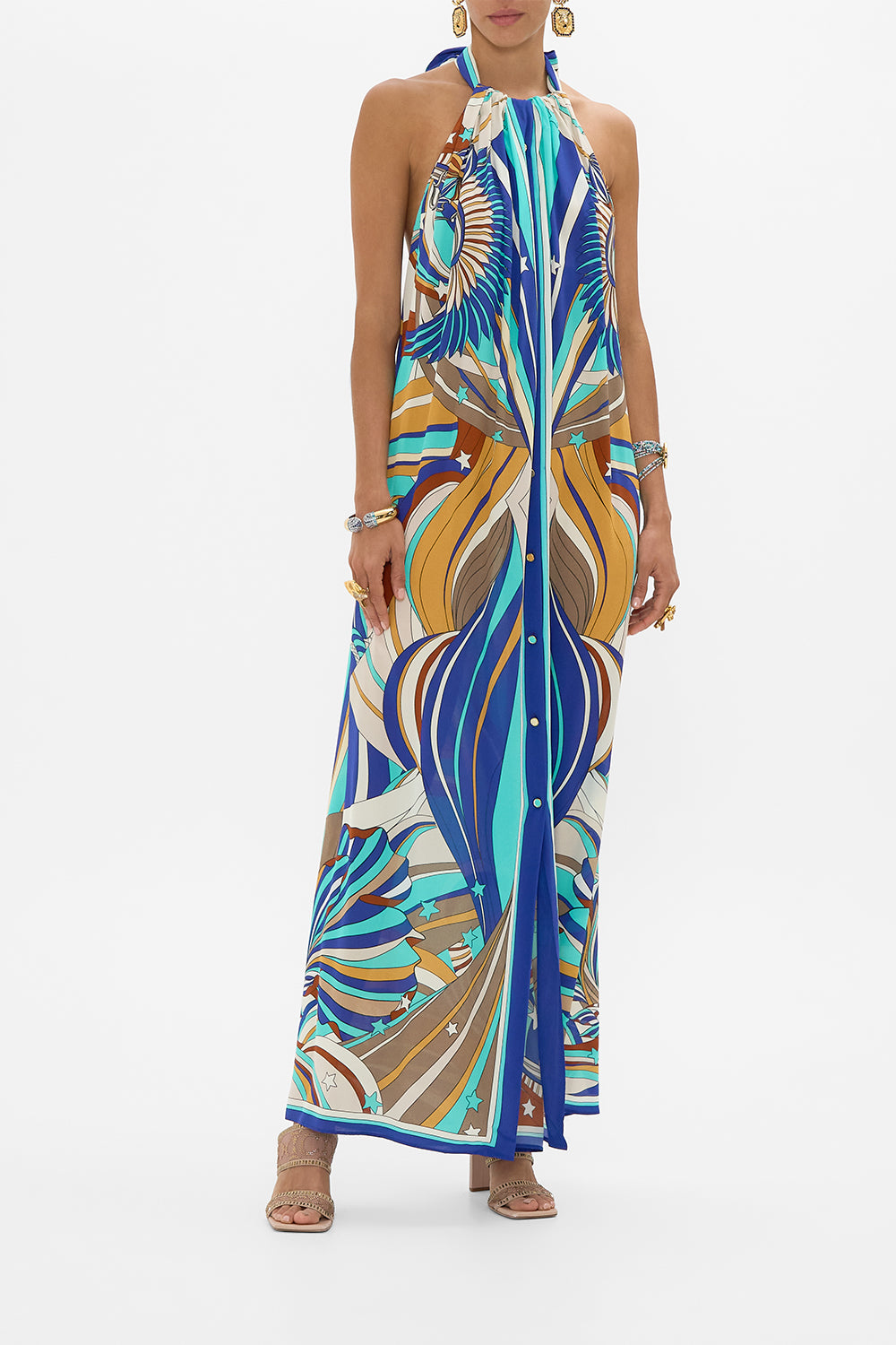 CAMILLA Button Front Opening Dress in Oasis Oracle print.