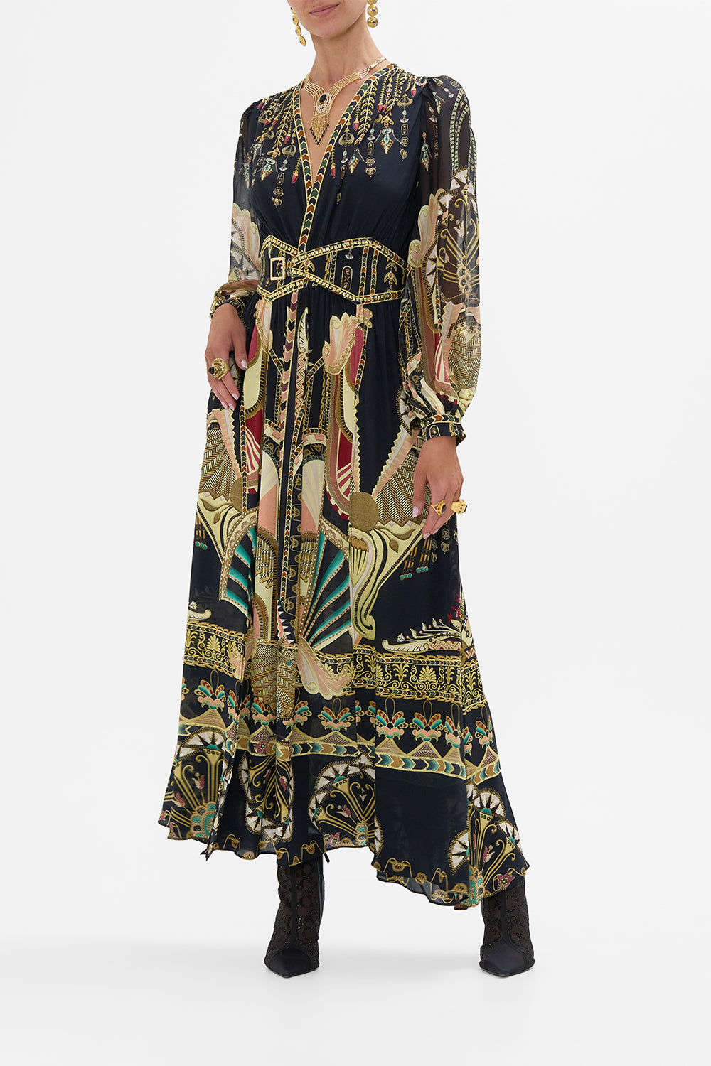 CAMILLA Black/Gold Peaked Waistband Long Dress in They Called Her Nefertari print