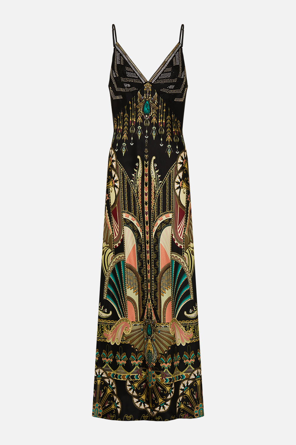 CAMILLA V-Neck Black/Gold Full Length Bias Slip Dress in They Called Her Nefertari print