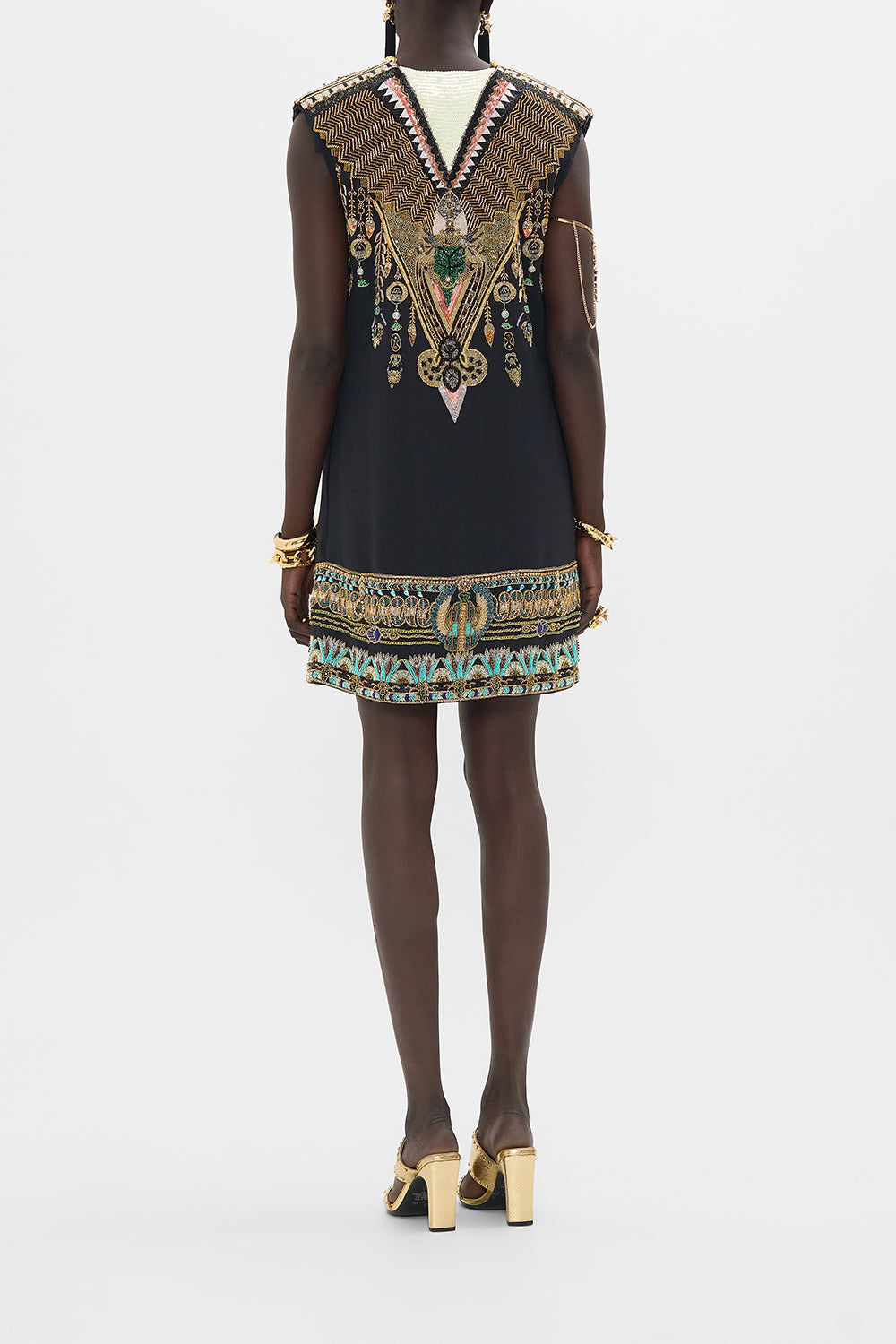 CAMILLA Black/Gold Hand Embellished Shift Dress in They Called Her Nefertari print