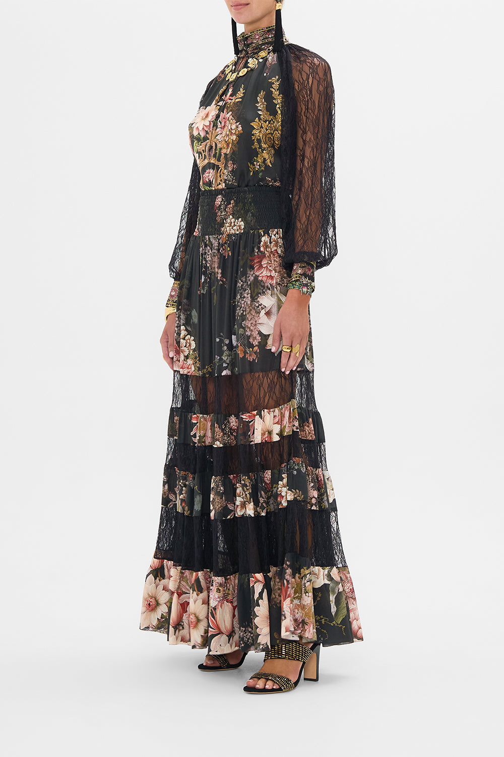 CAMILLA raglan button up shirt with lace at sleeve in Dynasty Daze print.