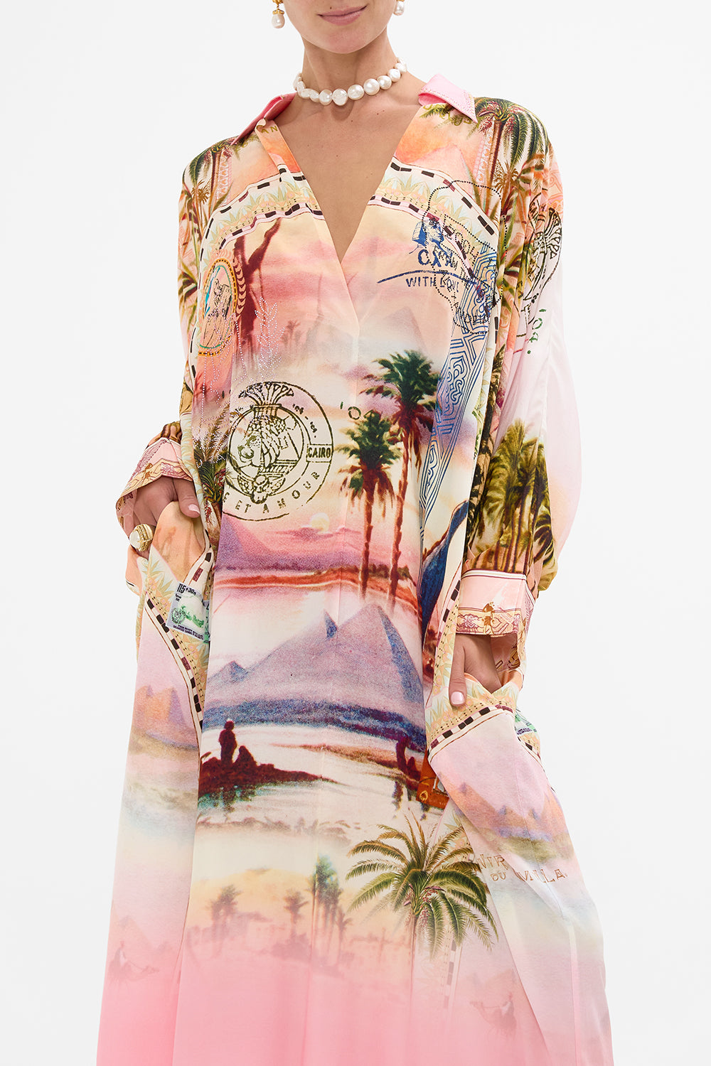 CAMILLA wing collar kaftan in Milla's Got Mail print.