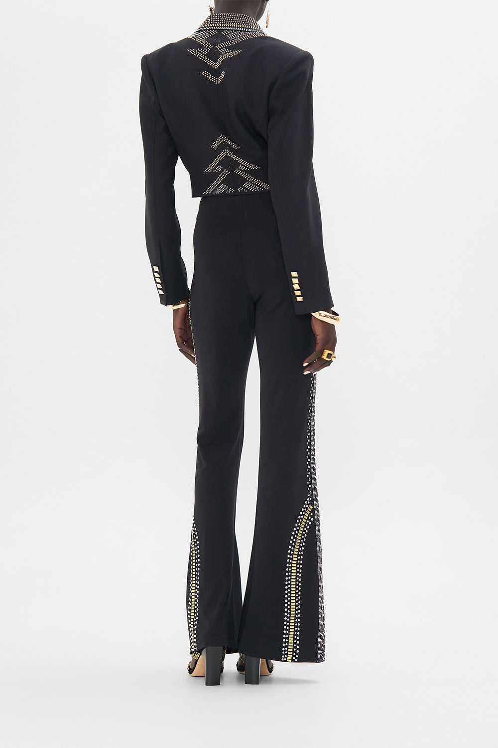 CAMILLA Black/Gold Jersey Flare Pant in They Called Her Nefertari print