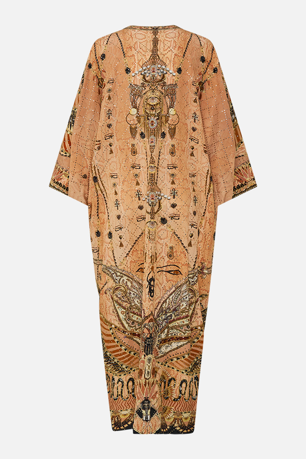 CAMILLA Gold Pierced V-Neck Embellished Kaftan in Kingdom of Hieroglyphs Print